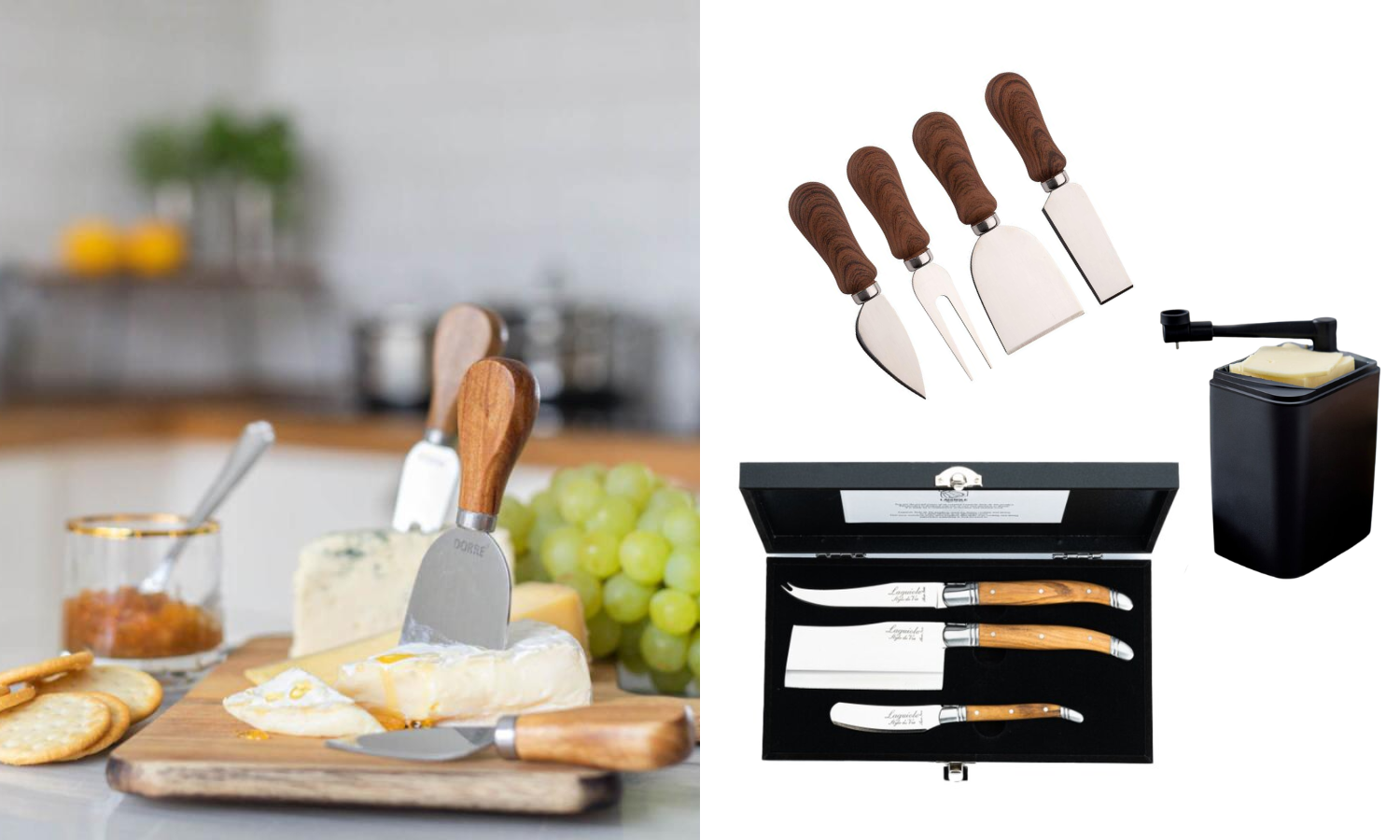 Diverse oste utstyr som kniver, ostefjøler og osteklokke fra Kitchn