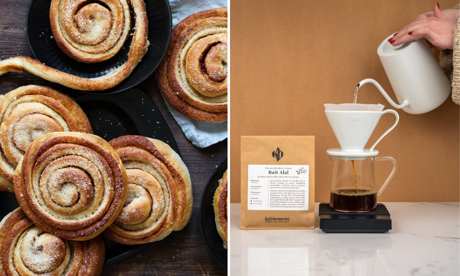 Collage med et bilde fra Godt brød av kanelboller, og et bilde fra Kaffebrenneriet av nytraktet kaffe