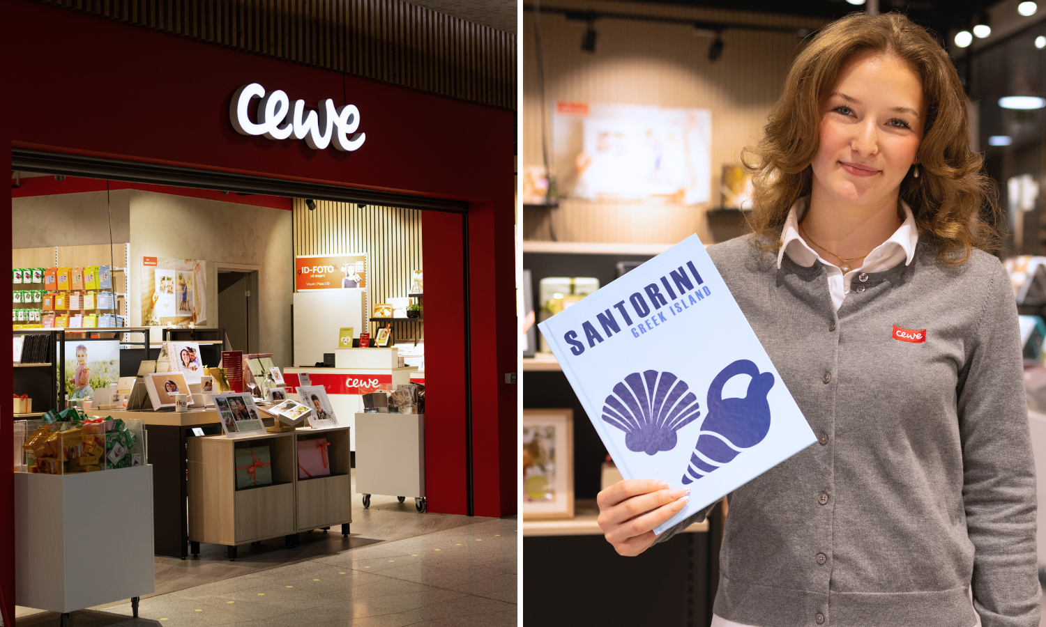 Bilde av inngangen til CEWE på Fornebu S, samt en ansatt med en reisefotobok