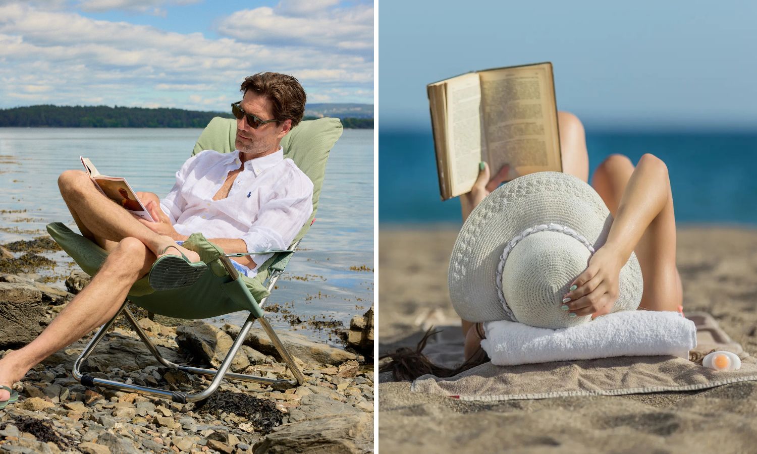 Mann og dame som leser bok på stranda