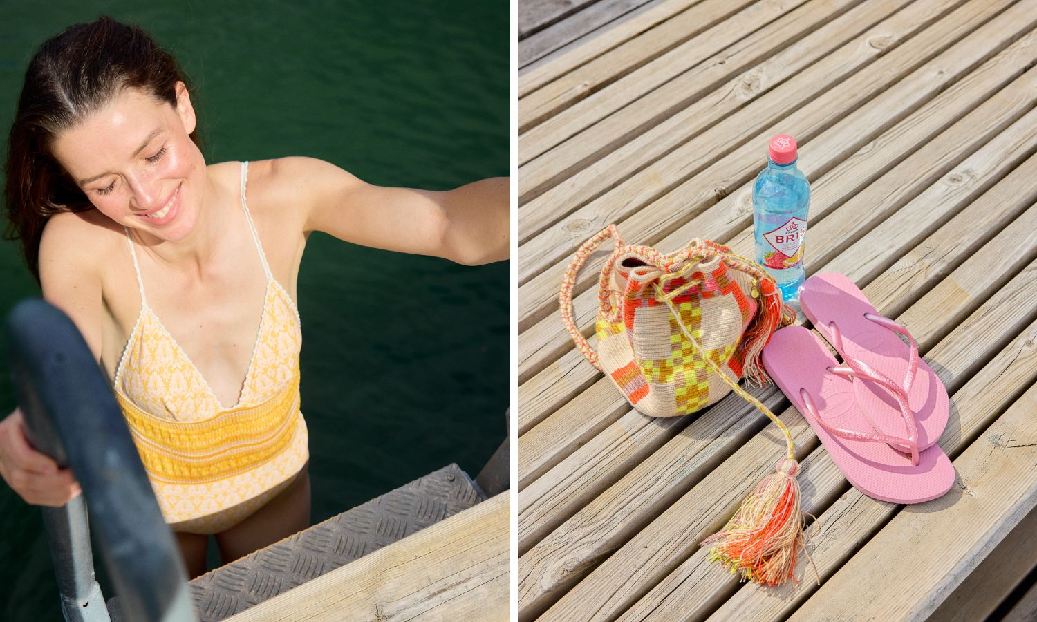 Kvinne i badedrakt, og essentials til stranden