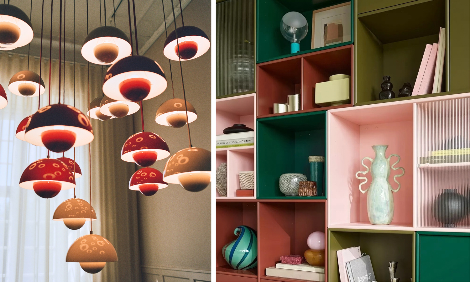 En kollasj av et bilde med lamper fra &Tradition og et bilde av hyller fra Montana Furniture.